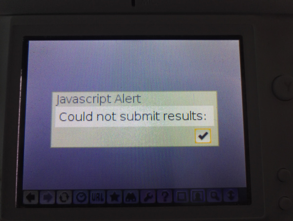 Javascript alert with the text 'Could not submit results:'